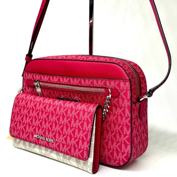 Michael Kors Large EW Crossbody Bag & Matching Trifold Wallet Dark Raspberry - Picture 3 of 15